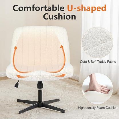 Sweetcrispy Criss Cross Chair Legged, Furry Armless Office Swivel Desk Chairs No Wheels, Vanity Height Adjustable Wide Seat Comfy Cute Computer Task Chair for Home Bedroom, Teddy Beige