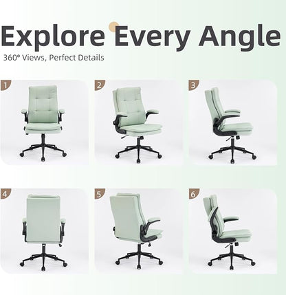 VINGLI Comfy Green Leather Office Desk Chair, High-Back Support Ergonomic Computer Task Gaming Chair,with Removable wheels,360° Swivel,Adjustable Height,Flip-Up Arms,for Adults,Teen,Vanity,Home Office