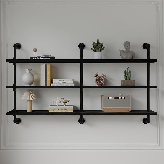 HDDFER Industrial Pipe Shelving Rustic Black Pipe Wall Shelves Industrial Shelves with Wood Planks Floating Shelves 60 Inch Farmhouse Bathroom,Kitchen Shelving Wall Mounted