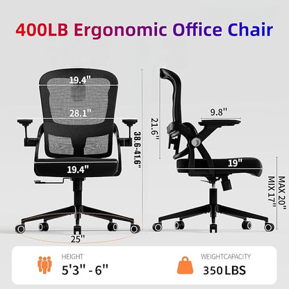 Ergonomic Office Chair - 350LB Comfy Desk Chairs with Adjustable Lumbar Back and Support, Mesh Computer Chairs with Wheels and Arms for Home Office, Study