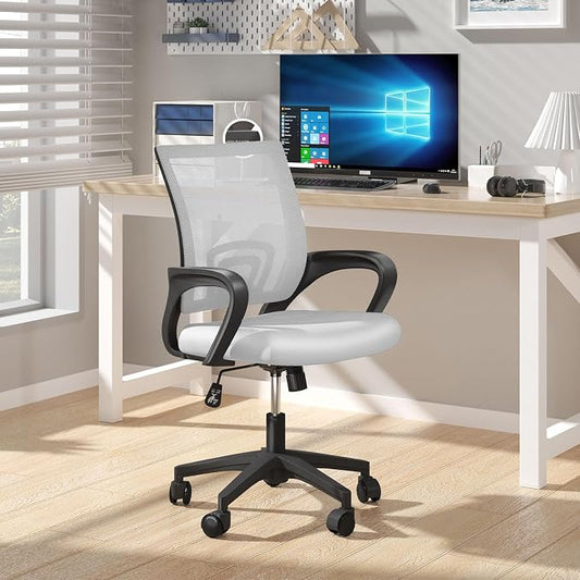 OS MOTOR Home Office Chair, Ergonomic Mid-Back Mesh Desk Chair with Lumbar Support, Adjustable Swivel Rolling Design, Comfy Armrest for Work, Study, Gaming, Vanity (White, Double Chair)