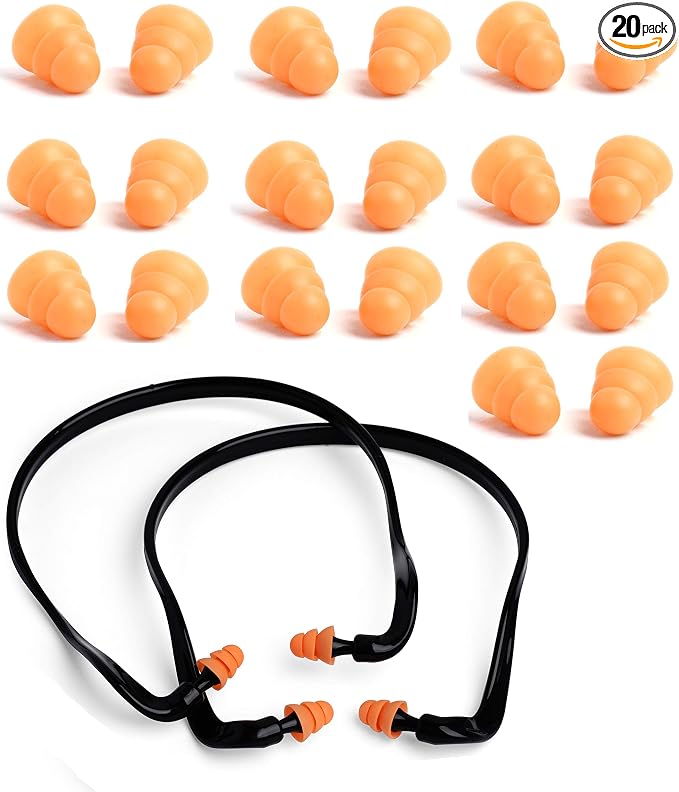 2 Banded Ear Plugs with 10 Pairs of Replacement Pods - Reusable Shooters Ear Protection for Mowing Shooting Construction Hunting - Washable Gun Range Hearing Protection Ear Plugs for Noise Reduction