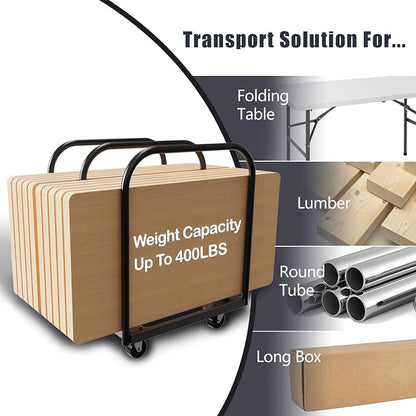 3 Pole Folding Table and Chair Cart-Panel Cart with 4Inch Swivel Caster 8PCS Table Storage Capacity Folding Chair&Table Dolly with 2PCS Straps to Store and Move Lumber,Mattress,Plywood,Box