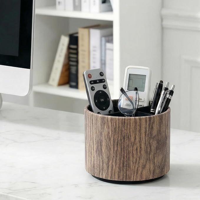 Round Leather Art Supply Organizer,Remote Control Holder,360 Degree Spinning,Multi-Functional Pencil Holder,4 Compartments Desktop Stationary Organizer(1-Thin Wood Brown)