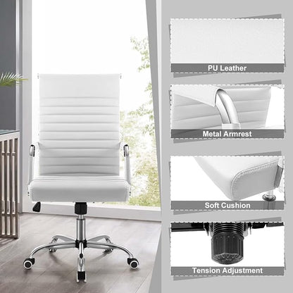 Shahoo Ribbed Office Chair, Mid-Back PU Leather Office Chair Executive Task Chair with 360° Swivel Wheels for Conference Room, Home Offices (White)