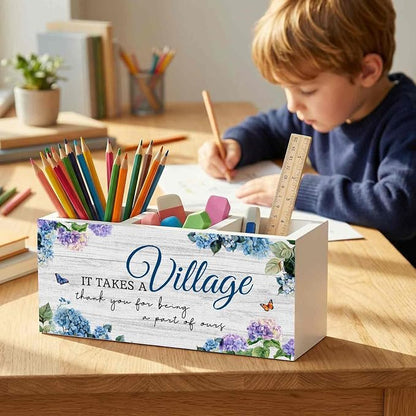 It Takes a Village Thank You Gift Pencil Pen Holder for Desk Organizer, Thank You Appreciation Gifts for Coworkers Teachers Friends Wooden Box Decorations for Home Office Desk Tabletop Decor