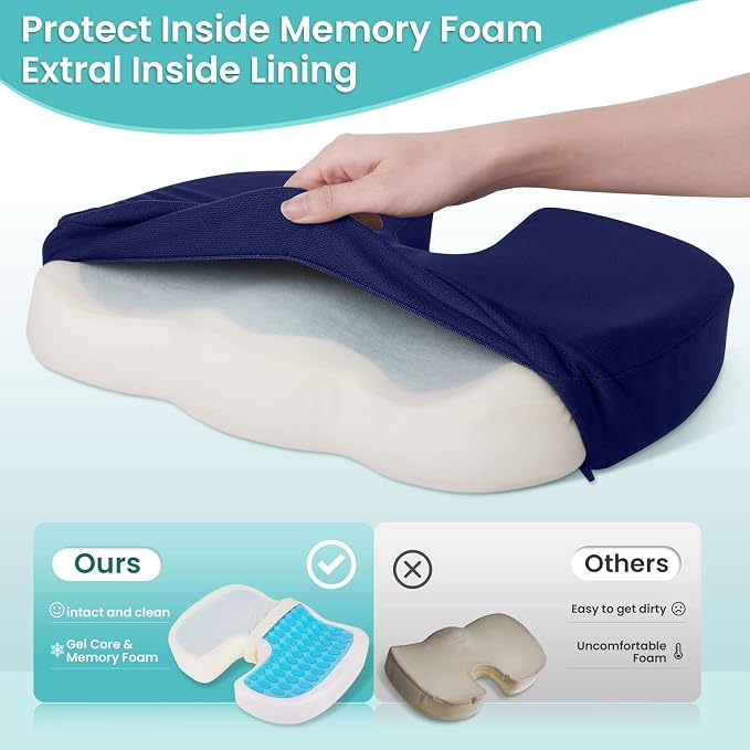 Office Chair Seat Cushion, Cooling Gel Enhanced Memory Foam Cushion for Long Sitting - Back, Sciatica, Coccyx, Tailbone Pain Relief Pillow - for Office, Gaming, Car, Wheelchair - Blue, X-Large
