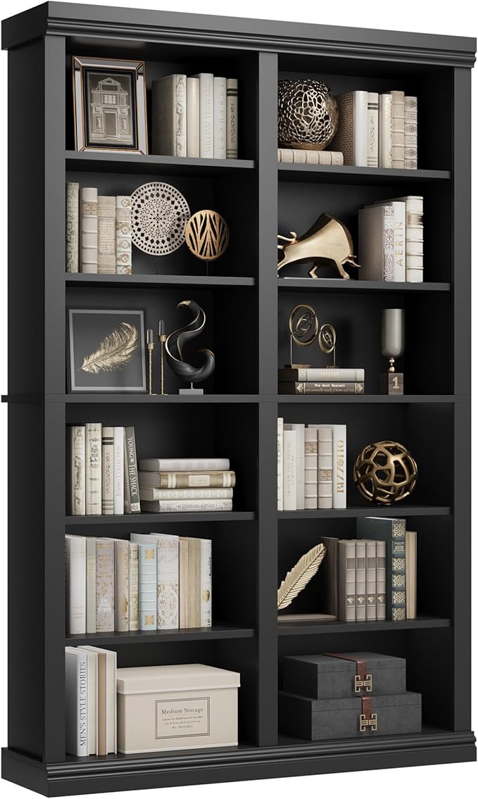 Garvee 74.5" Tall Bookshelf with Double Storage, 6-Tier Large Bookshelf, Double Wide Bookshelves w/ 12 Cubbies, Wide Freestanding Bookcases for Livingroom Office Library (Blcak, 74.5"H*46.1"W*12.4"D)