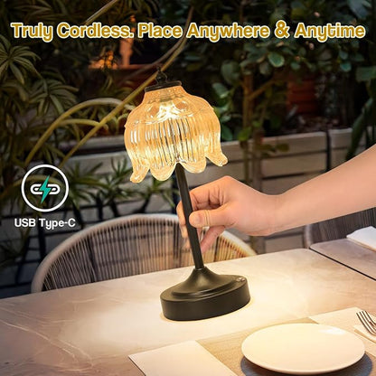 Cordless Lotus Flower Table Lamp, 5200mAh Rechargeable Battery Operated Portable Lamp, 3-Color Dimmable Touch Control Small Desk Lamp for Bedroom, Office, Kitchen, Nightstand,Room Decor(Amber-2)