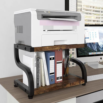 PUNCIA 2 Tier Wood Printer Stand with Storage Heavy Duty Desktop Shelf | Retro Modern Minimalist Style Fits Laser Printers Copiers Fax Machines, Organizer for Home Office Dorm Small Spaces