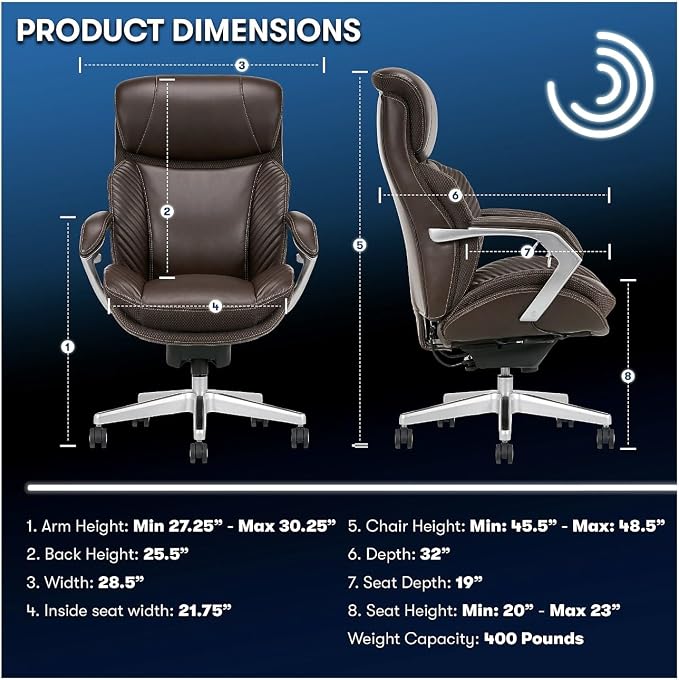iComfort i6000 Series Big & Tall Ergonomic Bonded Leather High-Back Executive Chair, Brown/Silver