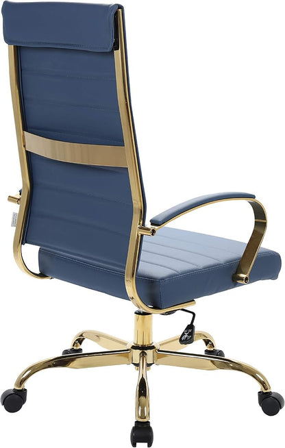LeisureMod Modern High-Back Leather Office Chair - Swivel & Adjustable Executive Desk Chair with Gold Frame, Ergonomic Design for Home & Office (BOTG19BUL, Single)