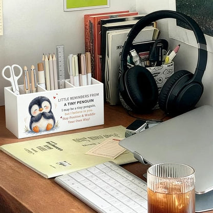 Positive Penguin Pen Pencil Holder Desk Accessories Gifts for Women | Cute Penguin Inspirational Pen Pencil Wooden Organizer Office Desk Accessories Decor for Dorm Room Bedroom Tabletop
