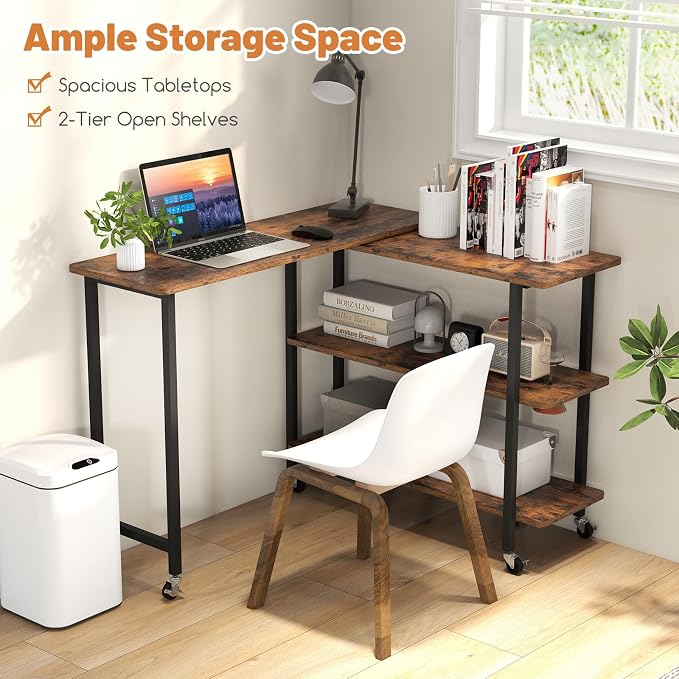 GOFLAME 360° Rotating Sofa Side Table, Mobile Couch Side End Table with 2-Tier Shelves, Swivel Rolling Desk w/Metal Frame, 6 Casters, Movable Laptop Table for Home Office, Patented, Rustic Brown