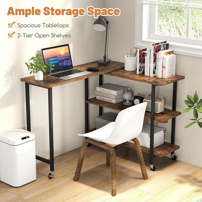 GOFLAME 360° Rotating Sofa Side Table, Mobile Couch Side End Table with 2-Tier Shelves, Swivel Rolling Desk w/Metal Frame, 6 Casters, Movable Laptop Table for Home Office, Patented, Rustic Brown
