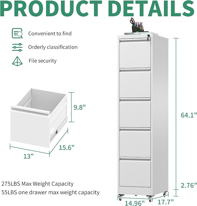 5 Drawer Mobile File Cabinet, Under Desk File Cabinet,Metal Filing Cabinets with Lock for Home Office Organizer Letter/Legal/A4,Require Assembly (Black)