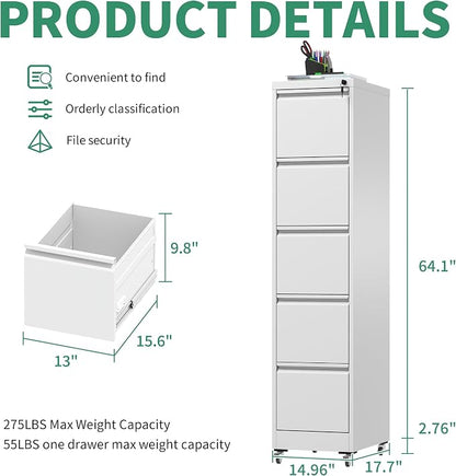 5 Drawer Mobile File Cabinet, Under Desk File Cabinet,Metal Filing Cabinets with Lock for Home Office Organizer Letter/Legal/A4,Require Assembly (Black)