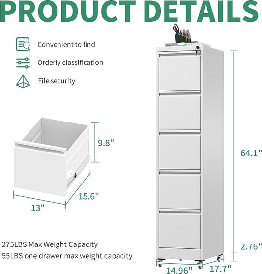 5 Drawer Mobile File Cabinet, Under Desk File Cabinet,Metal Filing Cabinets with Lock for Home Office Organizer Letter/Legal/A4,Require Assembly (Black)