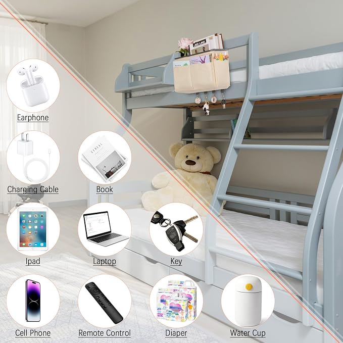 Bedside Storage Organizer 5 Pockets with 4 Hooks Hanging Storage Bag for Headboards/Bunk Bed (Beige)