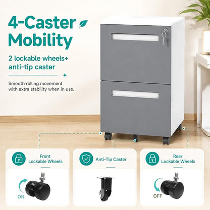 SAWJEC 2 Drawer File Cabinet with Lock, Fully Assembled Filing Cabinet Rolling Printer Stand Under Desk fits Legal/A4/Letter Size, Home Office Storage,18" D x 15" W x 27" H, Grey