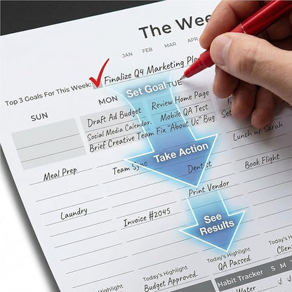 Undated Weekly Planner Pad (8.5"x11") | Productivity Desk Notepad for Focus & Planning | 3-Goal Weekly System for Deep Work | ADHD-Friendly Minimal Layout | Habit Tracker & Weekly Review | 52 Tear-Off Sheets