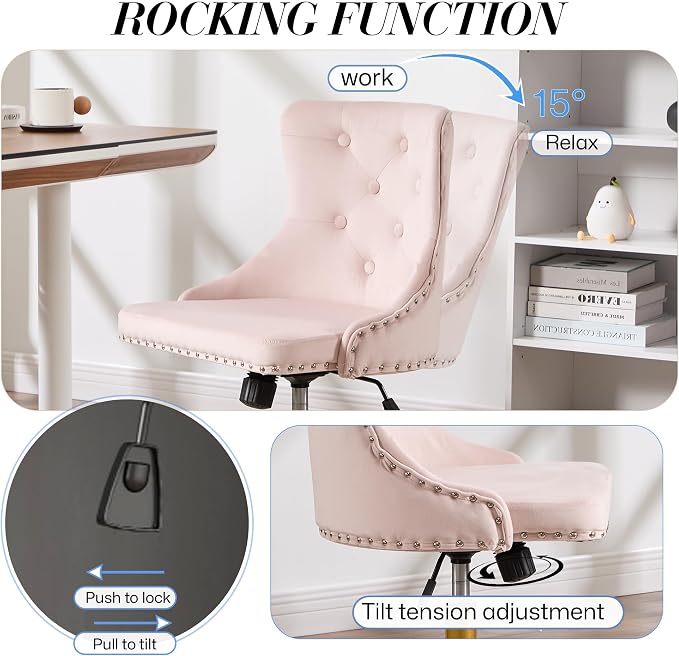 Velvet Armless Home Office Desk Chair, Swivel Height-Adjustable Small Cute Vanity Chair for Women/Girls, Comfy Makeup Chair with Rivet and Gold Base for Living Room, Bedroom(Light Pink)