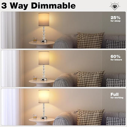 Touch Bedside Crystal Lamps for Bedrooms Nightstand with USB C+A Charging Port and AC Outlet White, 3 Way Dimmable Silver Large End Side Table Lamp for Living/Dinning Room/Kitchen/Bedroom