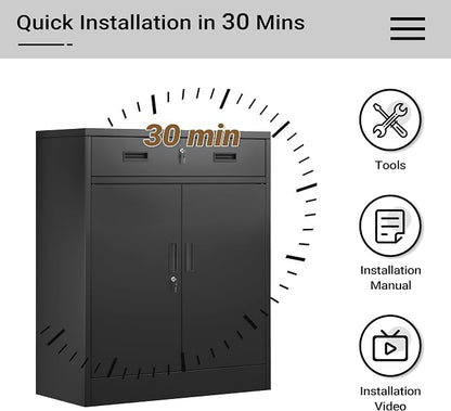 CJF Metal Storage Cabinet, Locking Storage Cabinet with 1 Drawer and Adjustable Shelf, 36" H x 28" W x 16" D Metal Cabinets for Office, Home, Garage -Black