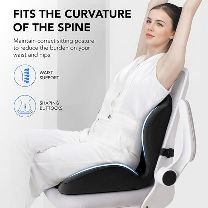 Ergonomic Waist Support and Seat Cushion, 2-in-1 Memory Foam Pad, Hollow Design for Coccyx, Suitable for Office Chairs, Car Safety Seats and Household Use - Relieves Lower Back and Hip Pain (Black)