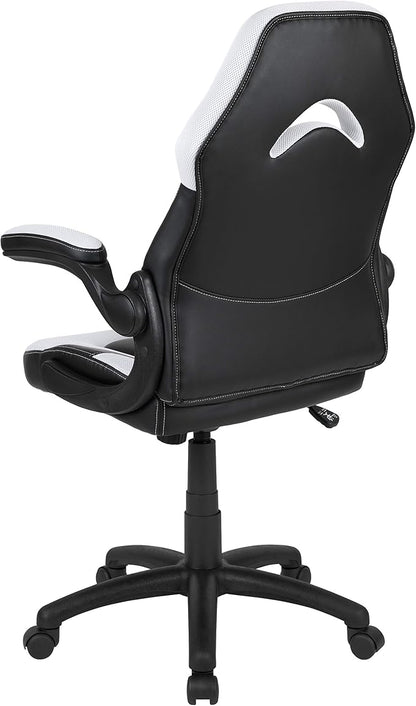 Flash Furniture X10 High-Back LeatherSoft Racing Style Gaming Chair with Flip-Up Arms, Ergonomic Padded Swivel Computer Chair, White/Black