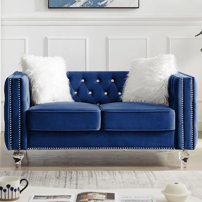 mikibama Velvet Loveseat with Buttons and Square Arms 59 Inch Tufted Sofa with Trimmed Nailhead and Acrylic Legs Loveseat Couch for Living Room,Bedroom (Navy Blue-Crystal Legs, Loveseat)