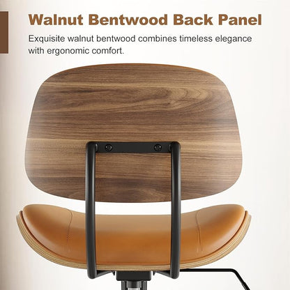 Armless Office Chair with Wheels, PU Leather Adjustable Height Desk Chair - 360° Swivel Ergonomic Computer Chair for Small Space, Modern Walnut Style, Home & Meeting Room, Brown