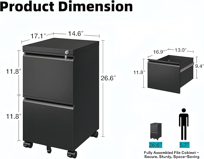 Approgreent 2 Drawer Metal File Cabinet, Fully Assembled Locking Filing Cabinet with Anti-Tipping Wheels, Quiet Slide, Heavy-Duty Steel Construction, Fits A4 Letter Legal for Home Office, Matte Black