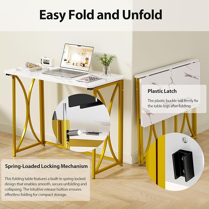 Folding Desk, 31.5" Small Desk for Bedroom, Space Saving Foldable Computer Desk for Home Office, Easy Assembly, White and Gold