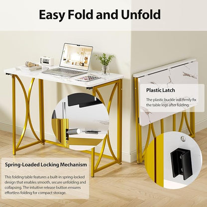 Folding Desk, 31.5" Small Desk for Bedroom, Space Saving Foldable Computer Desk for Home Office, Easy Assembly, White and Gold