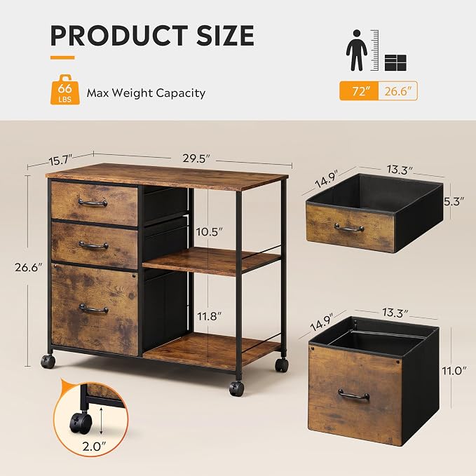 DEVAISE 3 Drawer Mobile File Cabinet, Rolling Printer Stand with Open Storage Shelf, Fabric Lateral Filing Cabinet fits A4 or Letter Size for Home Office, Rustic Brown Wood Grain Print