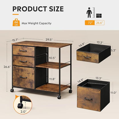 DEVAISE 3 Drawer Mobile File Cabinet, Rolling Printer Stand with Open Storage Shelf, Fabric Lateral Filing Cabinet fits A4 or Letter Size for Home Office, Rustic Brown Wood Grain Print