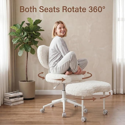 Cross Legged Office Chair with Wheels, 360 Swivel Height-Adjustable Meditation Chair with Lumbar Support, Beige