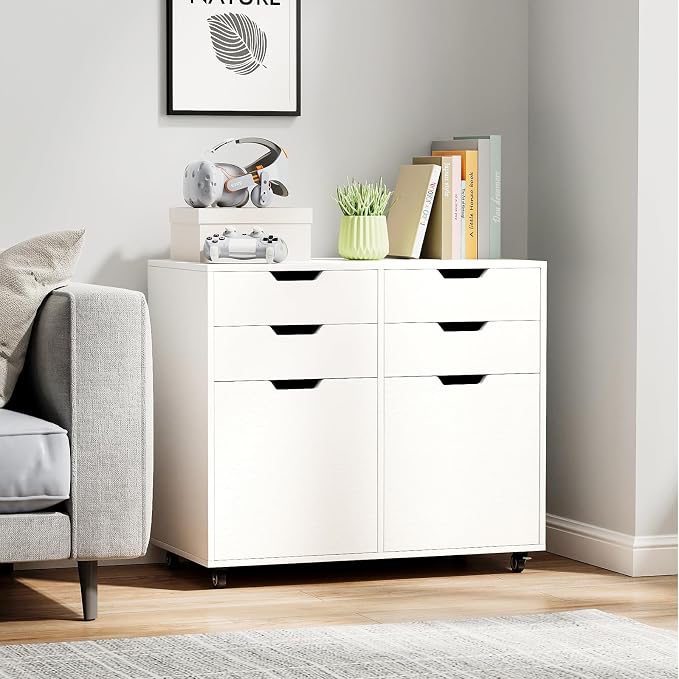 White File Cabinet with 4 Drawers and 2 Doors, Under Desk Mobile Storage Organizer, Wooden Printer Stand on Wheels, 29" Lateral Filing Cabinet for Home Office Living Room