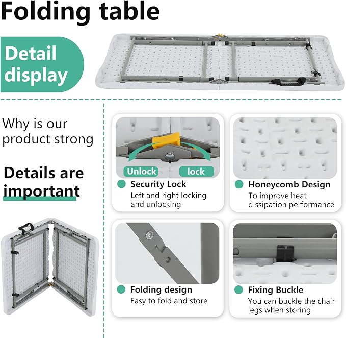 FDW 4FT Folding Table Half Portable Foldable Table Picnic Table for Office Home Camping Party (White, 4 FT)