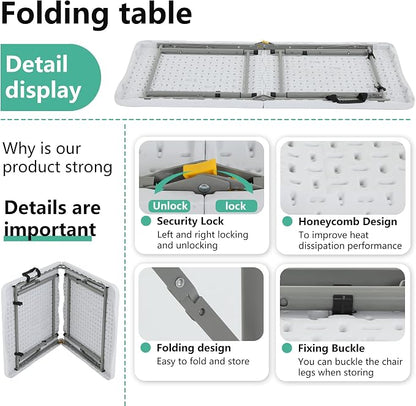 FDW 4FT Folding Table Half Portable Foldable Table Picnic Table for Office Home Camping Party (White, 4 FT)