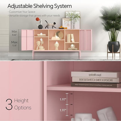 Steehoom Metal TV Stand with Doors and Shelves Modern Metal Storage Cabinet Coffee Bar 2 Door Locker for Office Living Room Kitchen (Pink, 47.24" D x 13.78" W x 29.53" H)