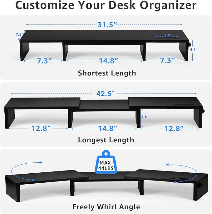 La Jaco Dual Monitor Stand Riser for 2 Monitors, Monitor Stand for Desk, Adjustable Length & Swivel Angle Wooden Desktop Organizer Stand Riser with Smartphone Holder for PC Monitor Laptop, Black
