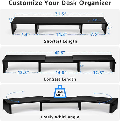 La Jaco Dual Monitor Stand Riser for 2 Monitors, Monitor Stand for Desk, Adjustable Length & Swivel Angle Wooden Desktop Organizer Stand Riser with Smartphone Holder for PC Monitor Laptop, Black
