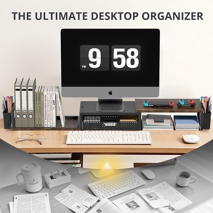 OPNICE Desk Organizers and Accessories, Dual Monitor Stand Riser with Drawer and 2 Pen Holders, Desk Shelf Wood Computer Racks for Office Workspace Organizers, Desktop Organization (Rustic Brown)