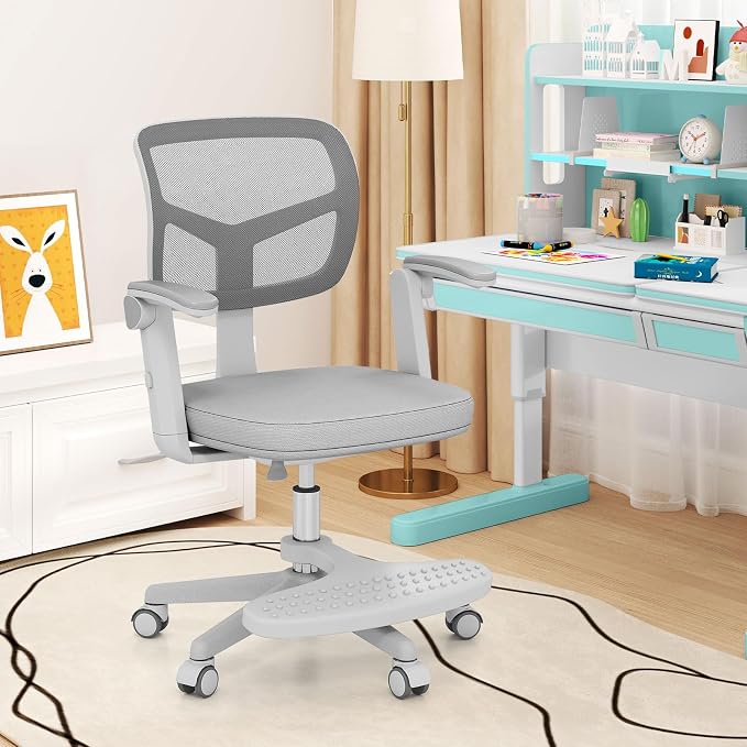 Giantex Kids Desk Chair, Ergonomic Adjustable Student Rolling Chair with Footrest & Flip-up Armrest, Mesh Children Office Chair with Universal Wheels, Kids Computer Chair for Boys & Girls, Grey