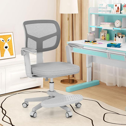 Giantex Kids Desk Chair, Ergonomic Adjustable Student Rolling Chair with Footrest & Flip-up Armrest, Mesh Children Office Chair with Universal Wheels, Kids Computer Chair for Boys & Girls, Grey