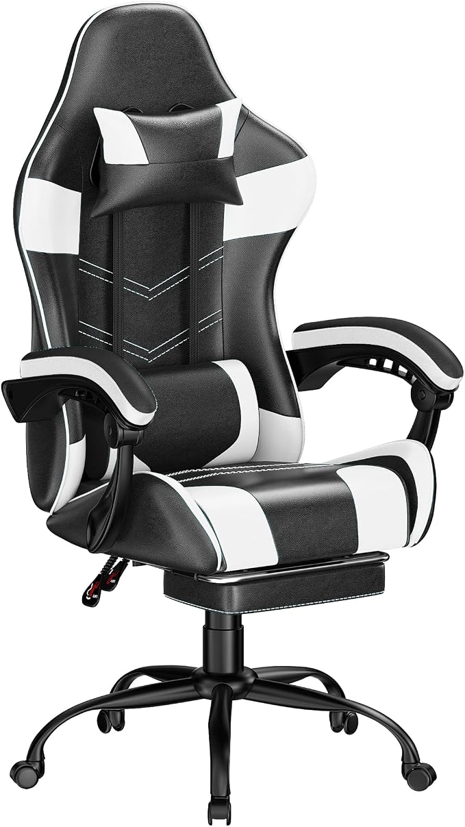 Gaming Chair with Footrest, Ergonomic Video Game Chair with Headrest and Lumbar Support, 400 lbs Adult Chair, Height Adjustable 360° Swivel High Back Reclining Computer Chair for Home Office (White)