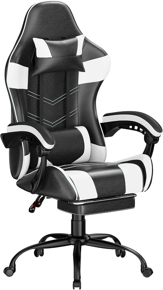 Gaming Chair with Footrest, Ergonomic Video Game Chair with Headrest and Lumbar Support, 400 lbs Adult Chair, Height Adjustable 360° Swivel High Back Reclining Computer Chair for Home Office (White)
