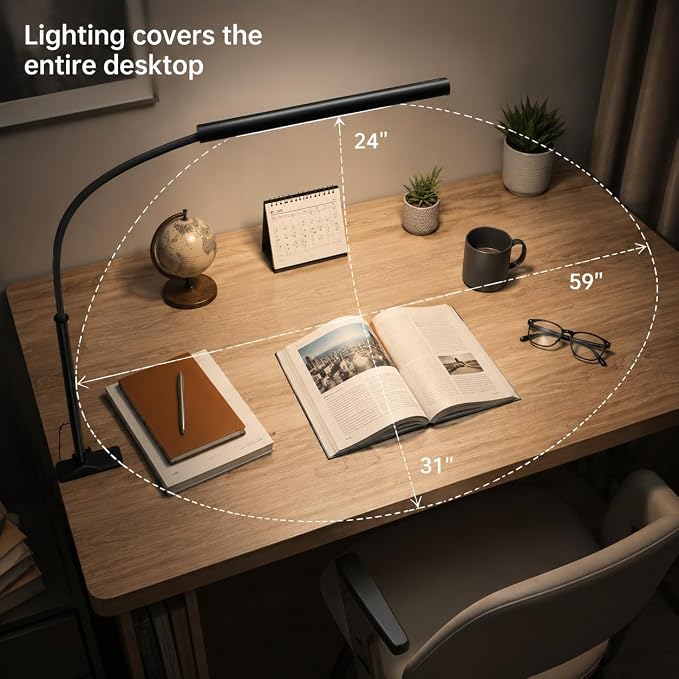 LED Desk Lamp with Clamp, 5 Color Modes & 10 Brightness Levels, Eye-Caring Desk Light, Flexible Gooseneck, Memory Function, Adapter Included for Home Office, Reading & Study
